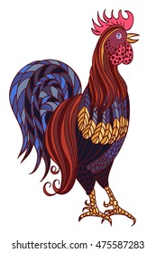 Decorative stylized hand-drawn rooster isolated on white background. Symbol of Chinese New Year 2017. Vector illustration.