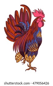 Decorative stylized hand-drawn rooster isolated on white background. Symbol of Chinese New Year 2017. Vector illustration.