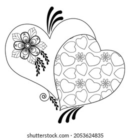 Corazones estilizados decorativos con un patrón de doodle sobre un fondo blanco. Ilustración para el dibujo meditativo. Libro de coloración para niños y adultos