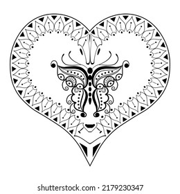 Decorative stylized hearts with a doodle pattern on a white background. Illustration for meditative drawing. Coloring book for children and adults