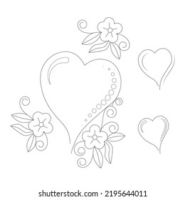 Decorative stylized hearts with a doodle pattern on a white background. Illustration for meditative drawing. Coloring book for children and adults