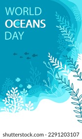 Decorative stylized image of a sea turtle and underwater life. World oceans day