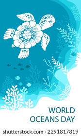 Decorative stylized image of a sea turtle and underwater life. World oceans day