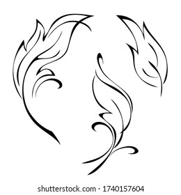 decorative stylized leaf with curls in black lines on a white background. set