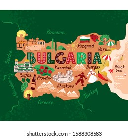 Decorative stylized map of Bulgaria with sights and symbols drawn in a flat style on a green background. Concept banner for travel, tourist guide, comic infographic poster. Cartoon vector illustration