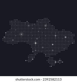 Decorative stylized map of Ukraine from halftone shiny silver with luxurious sparks dots. Set of decorative stylized maps of Ukraine from halftone shiny gold and silver dots on black background. Pixel