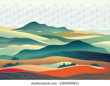 Decorative, stylized mountainous landscape, background compatible with graphic ornamental elements. Vector illustration.