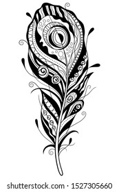 Decorative stylized peacock feather isolated on white background. Highly detailed ornate vector illustration, doodling style, tattoo design