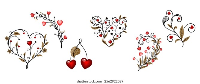 Decorative stylized plants with handmade earrings. Isolate on a white background. hand drawn vector illustration