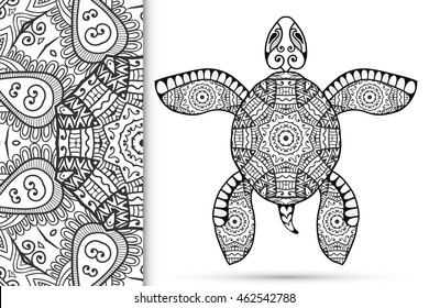 Decorative stylized sketch turtle and seamless mandala geometric pattern, vector tribal totem animal, isolated element on white background. Zentangle style art for coloring book page. svg