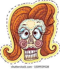 Decorative stylized skull of a woman. Hand-drawn vector print. Theme portrait: Day of the Dead, Halloween.
