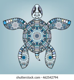Decorative stylized turtle with mandala ornament. Vector tribal totem animal, isolated element on blue background. Zentangle style