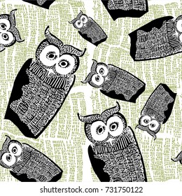 decorative stylized vector pattern seamless doodle of owl, with lines and dots. 
beautiful wallpaper, packaging, invitation card of Halloween or other events. 
best for gift box package. loft style.