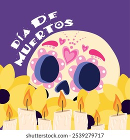 Decorative sugar skull with candles and marigold flowers for Day of the Dead, Vector illustration