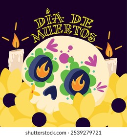 Decorative sugar skull with candles and marigold flowers for Day of the Dead, Vector illustration