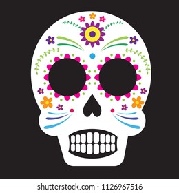 Decorative sugar skull with colorful floral elements on black background