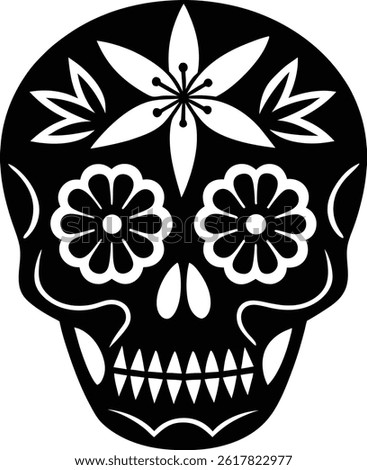 A decorative sugar skull with floral elements in a bold silhouette style, perfect for Day of the Dead themes. This striking design blends tradition and elegance in a minimal, artistic form.