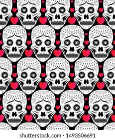Decorative sugar skull with red heart seamless pattern for day of the dead/halloween celebration. For Wallpaper/Fabric/textile/wrapping paper print etc