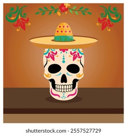 A decorative sugar skull in a vibrant hat wearing a sombrero symbolizes the celebratory spirit of the Day of the Dead. The bright floral design adds cultural significance. 