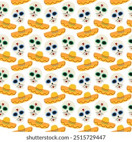 Decorative Sugar skulls with mustache and sombrero Seamless pattern Day of the dead background idea