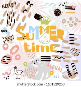 Decorative summer abstract background. Tropical leaves with lettering summertime poster