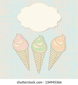 Decorative summer design of three icecream cones in soft pastel colours on a striped background with an ornamental blank label