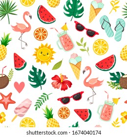 Decorative summer elements on a white background. Flamingo and fruits with tropical leaves, summer holiday, seamless pattern