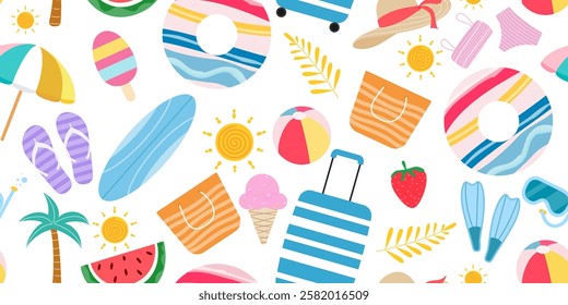 Decorative summer elements on a white background. beach ball and fruits with tropical leaves, summer holiday, seamless pattern