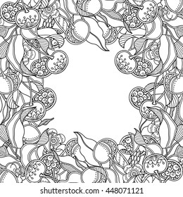 Decorative summer frame with leaves, berries, flowers, cherry in doodle style. Floral, ornate black and white background. Zentangle coloring book page