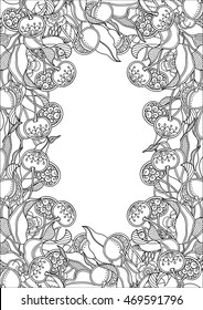 Decorative summer frame with leaves, berries, flowers, cherry in doodle style. Floral, ornate black and white background. Zentangle coloring book page