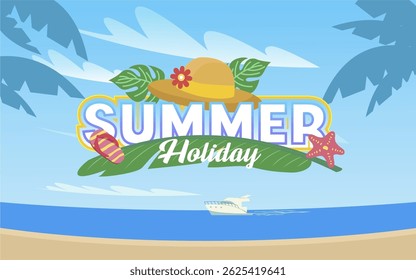Decorative summer holiday text effect with beach vibrant decoration. Beautiful beach view background. 2025 Hello summer illustration