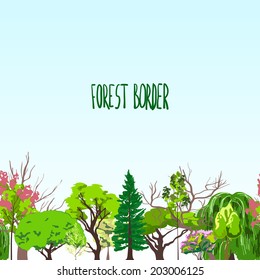 Decorative summer spring season forest border daylight deciduous shrubs and coniferous trees foliage abstract sketch vector illustration