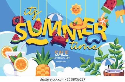 Decorative summer time banner hanging texts symbols design