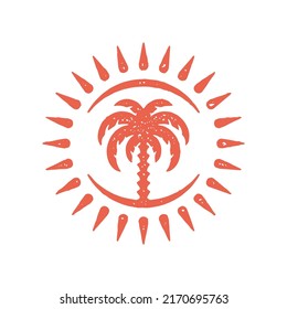 Decorative summer travel vacation logotype red palm tree in circle sun beams hand drawn grunge texture vector illustration. Elegant luxury resort emblem tropical wood plant in round solar rays