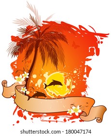 Decorative summer vector background with palms and dolphins