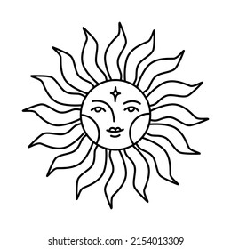 Sol decorativo con cara antropomórfica. Símbolo astrológico. Movimiento cíclico de los planetas alrededor del sol. Preparar el horóscopo de acuerdo con el gráfico natal. Ilustración vectorial.