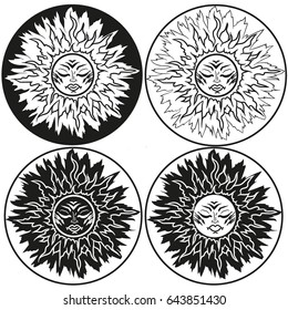 Decorative sun. Black-and-white. Vector illustration.