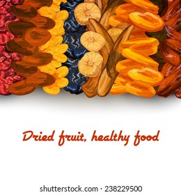 Decorative sun dried healthy diet fruit background banner print with dates apricots raisins and cherries vector illustration