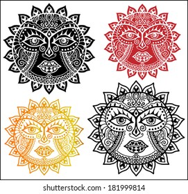 Decorative sun in graphic style, totem tattoo set, icons collection, vector sun face illustration