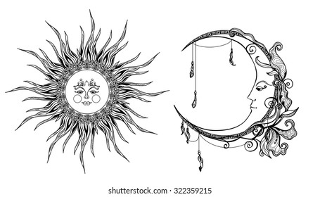 Decorative Sun And Moon With Antropomorphic Face Hand Drawn Isolated Vector Illustration