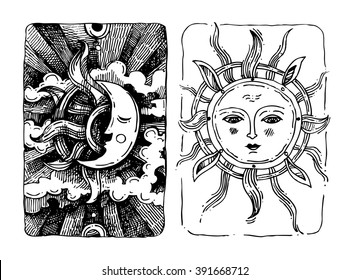 Decorative sun and moon with antropomorphic face hand drawn isolated vector illustration