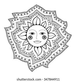 decorative sun with rays on white background. Hand Drawn vector illustration