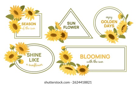 Decorative sunflower frames. Different shapes borders with blooming summer plants, yellow flowers compositions, oilseeds, cartoon flat botanical objects, garish vector floral cute set