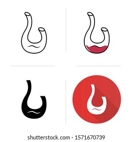Decorative swan decanter icons set. Wine service. Alcohol beverage. Aperitif drink. Tableware, glassware. Flat design, linear, black and color styles. Isolated vector illustrations