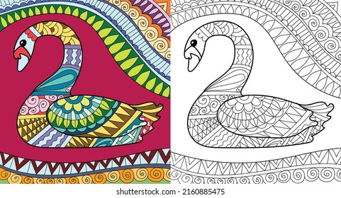 Decorative swan henna mehndi style coloring book page illustration for adults art drawing relaxing 