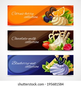 Decorative sweet desserts horizontal banners citrus berry chocolate milk blueberry nut collection vector illustration