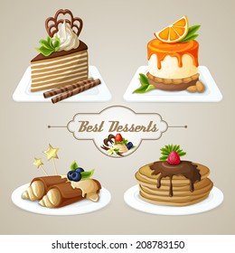 Decorative sweets best dessert set of crepes cheesecake layered cake with syrup vector illustration