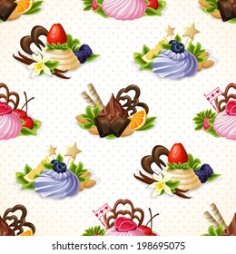 Decorative sweets dessert food seamless pattern with chocolate berry and vanilla cream vector illustration