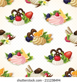 Decorative sweets dessert food seamless pattern with fruit nut and vanilla cream vector illustration