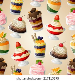 Decorative sweets dessert food seamless pattern with chocolate mousse panna cotta raspberry cream vector illustration